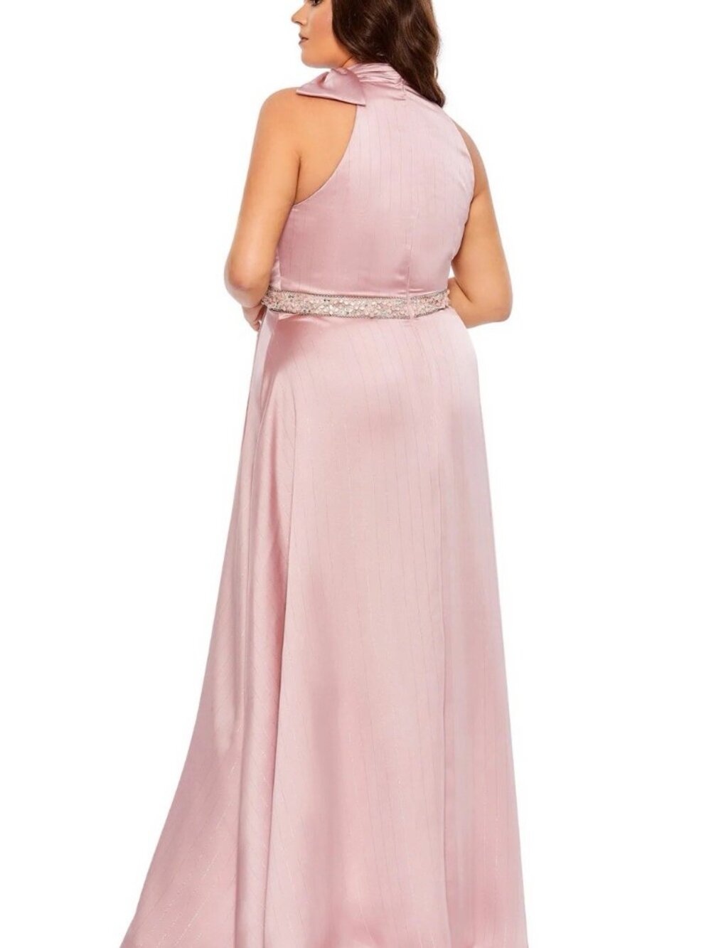 Mac Duggal Size 16 W Pink Evening Gown Formal Maxi Dress Halter Beaded Waist NWT - Picture 2 of 12